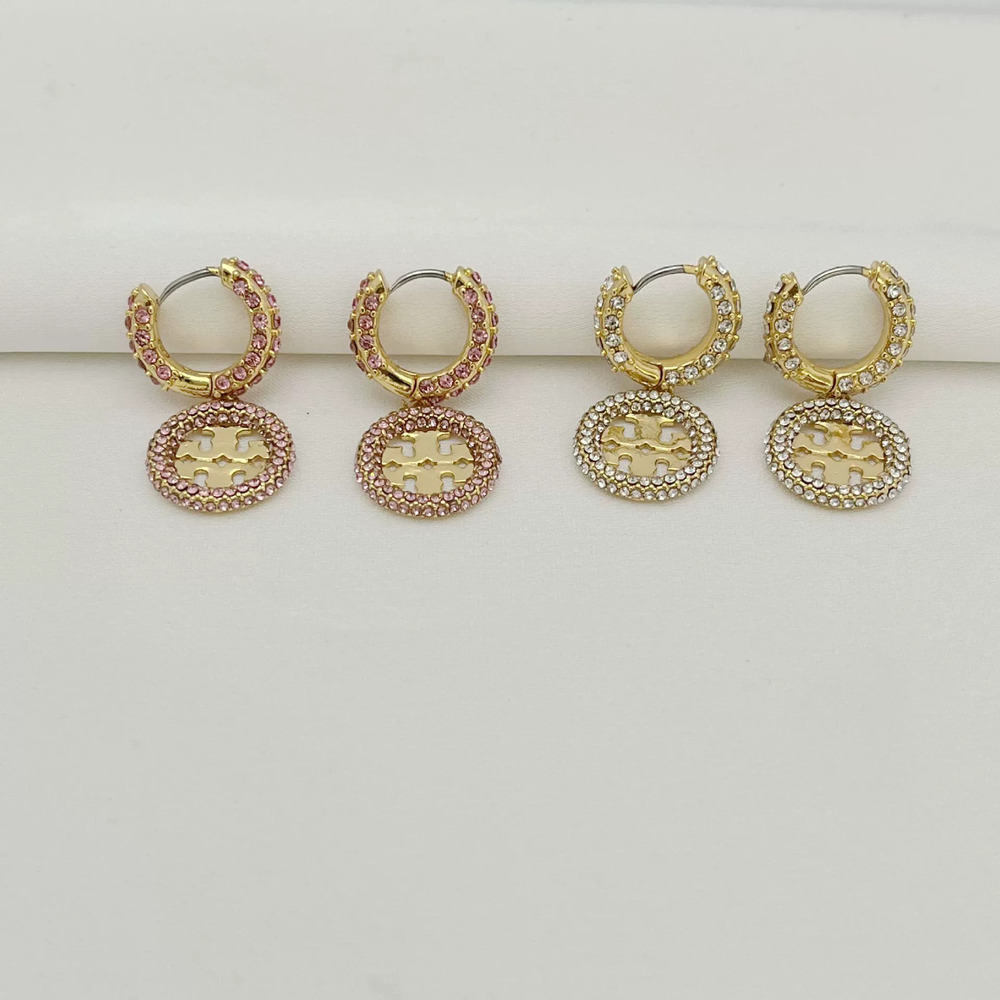 Tory Burch Round Hollow Letter Metal Earrings Full CZ Inlaid